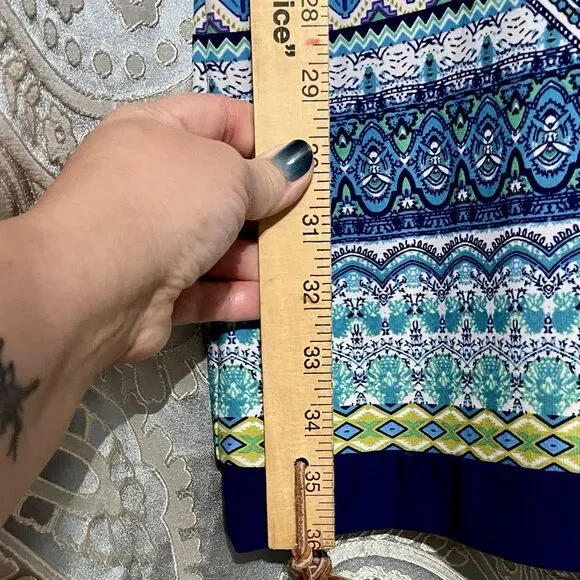 Vibrant Bohemian Mandala Shift Dress Size 6 Blue Multi Color Bell Sleeves Retro - Picture 8 of 13